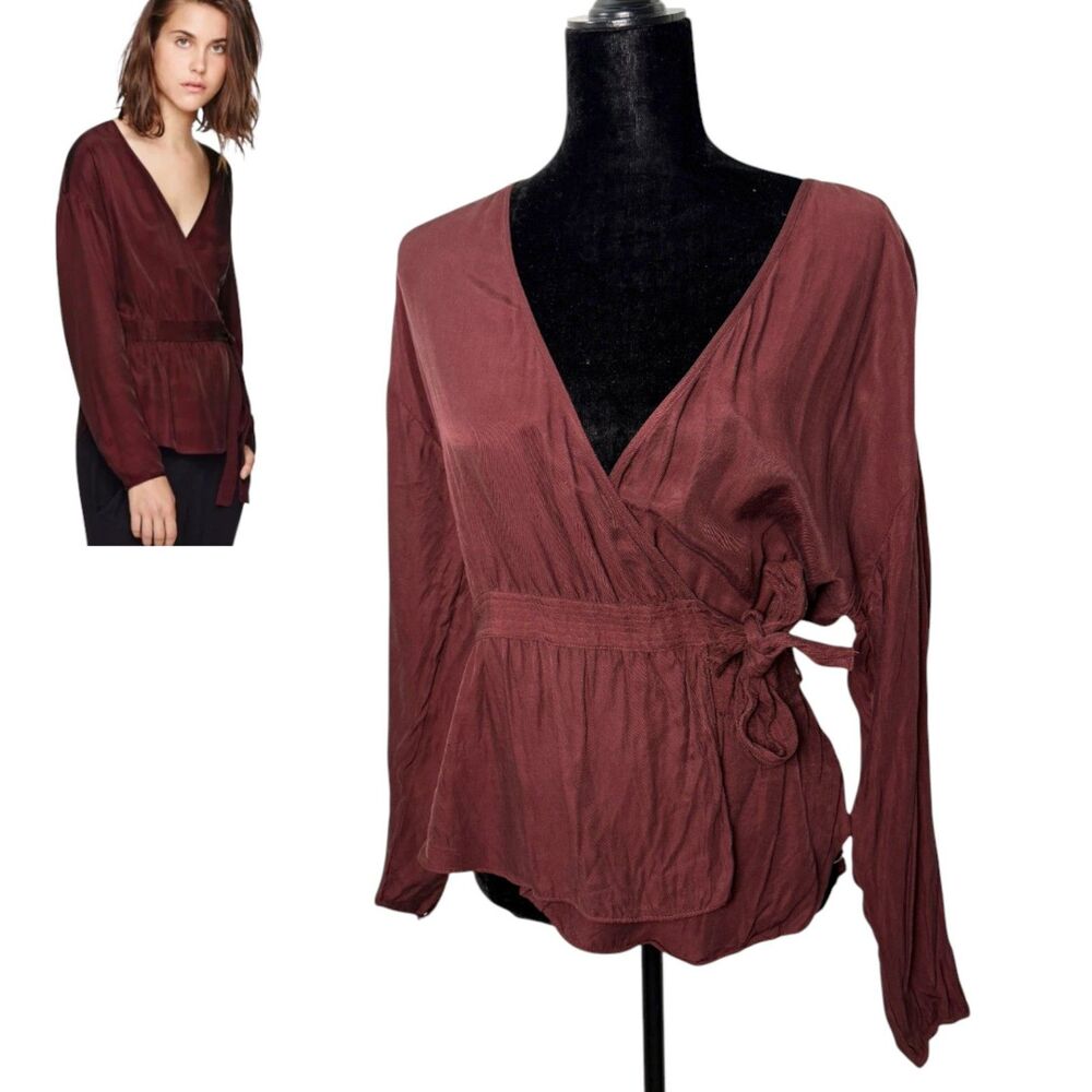 Wilfred Burgundy Anemone Long Sleeve Wrap Blouse Size Medium